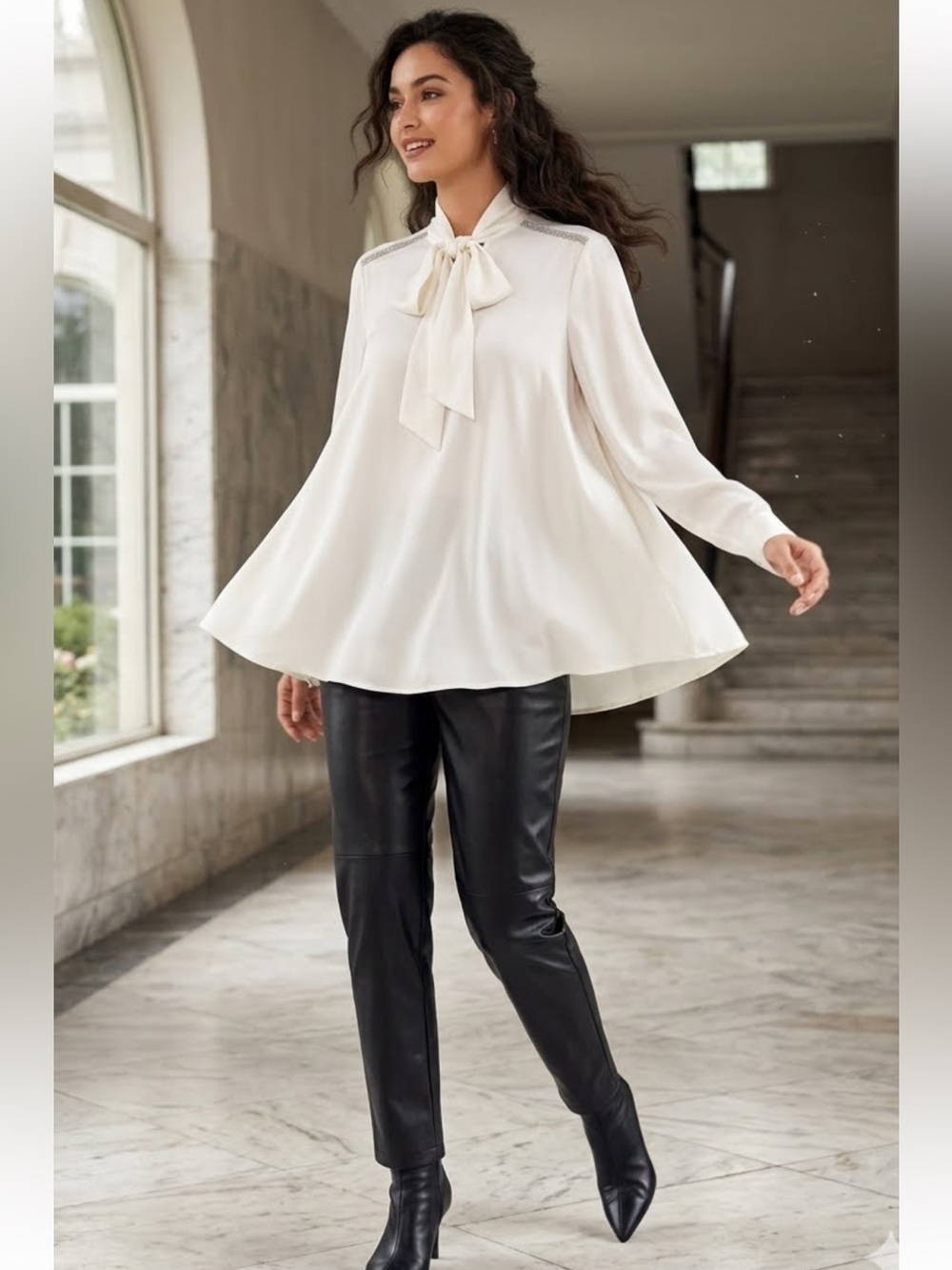 Karen Kane A-line Ivory Tie-Neck Embellished Shoulder Long Sleeve Blouse Medium